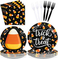 Grencian 96PCS Candy Theme Corns Halloween Party Supplies Set Orange Trick Treat Halloween Plates and Napkins Candy Theme Corns Disposable Tableware Set for Birthday Decorations