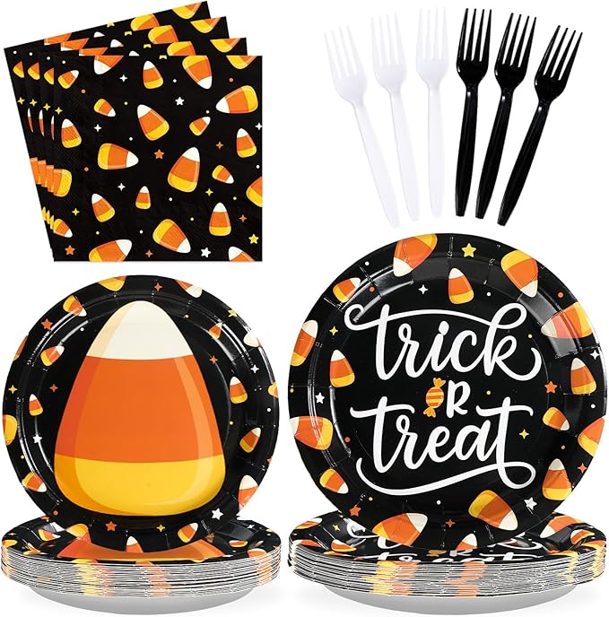 Grencian 96PCS Candy Theme Corns Halloween Party Supplies Set Orange Trick Treat Halloween Plates and Napkins Candy Theme Corns Disposable Tableware Set for Birthday Decorations