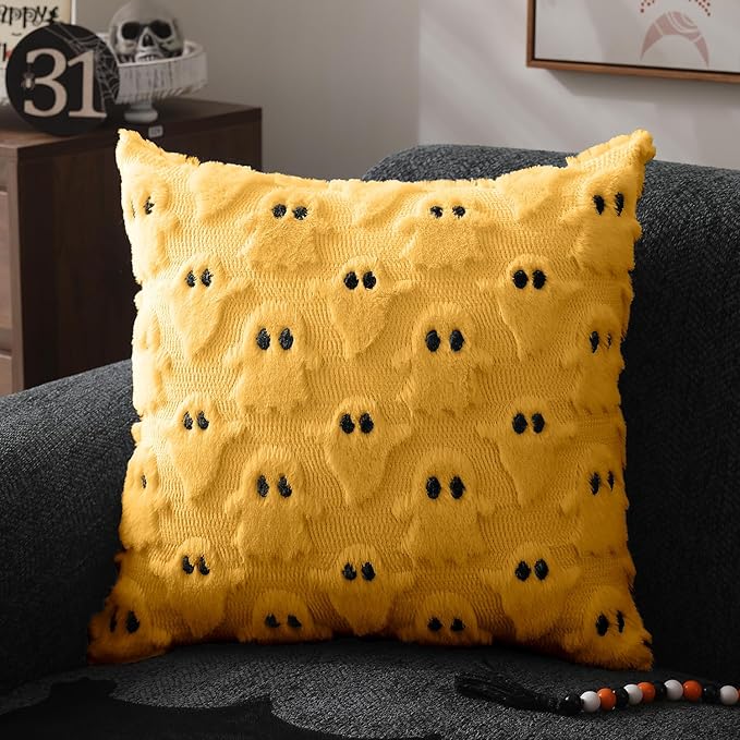 DFXSZ Halloween Pillow Covers 20x20 inch Set of 2 Yellow Ghost Throw Pillow Cases Soft Plush Faux Fur Wool Couch Cushion Case for Chair Sofa Bedroom Living Room Home Decor PTK03H20