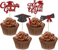 24Pcs Black Red Graduation Cupcake Toppers 2026, Glitter Grad Cap Diploma Congrats Grad We Are So Proud of You Cupcake Toppers for Class of 2026 Graduation Party Decorations.