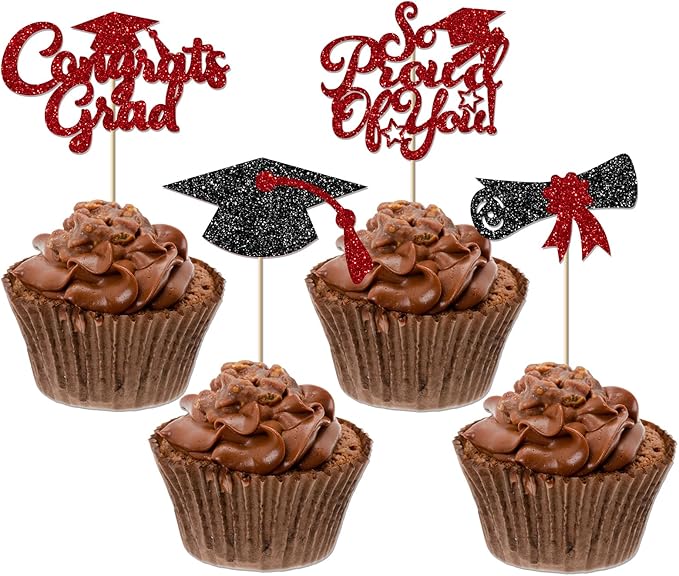 24Pcs Black Red Graduation Cupcake Toppers 2026, Glitter Grad Cap Diploma Congrats Grad We Are So Proud of You Cupcake Toppers for Class of 2026 Graduation Party Decorations.