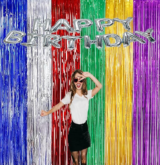2 Pack 3.3ft×6.6ft Rainbow Photo Backdrop Tinsel Foil Fringe Curtains Backdrop Door Streamers Birthday Mardi 4th of July Party Decoration