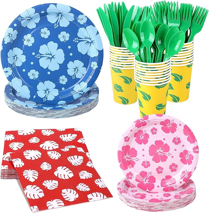 Kochorie 175 Pieces Hawaiian Cartoon Party Supplies Tropical Hawaii Hibiscus Floral Tableware Set 7 Inch & 9 Inch Paper Plates Napkins Cups Cutlery for Birthday Blue Cartoon Party, Serve 25 Guests
