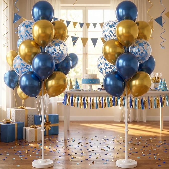 Balloon Column Kit Set of 2 With Balloons Included - Balloon Tower with Stand, Base, and Pole,Backdrop Decoration for Wedding, Baby Shower, Birthday Party, or Bachelorette Parties (Metallic Blue Gold)
