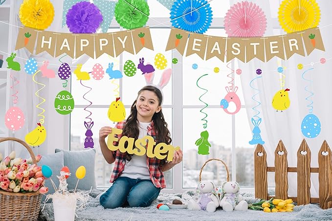 Easter Animal Party Decorations Set for Home: Happy Easter Banner Egg Bunny Hanging Swirls Yellow Purple Green Pom Pom Ornaments Spring Decor for Indoor Birthday Party Supplies