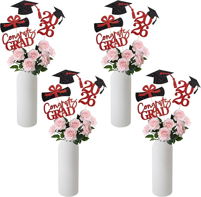 Gexolenu 16 PCS Red and Black Double-Sided 2026 Graduation Centerpieces for Tables, 2026 Table Toppers Party Centerpiece Sticks Party Supplies, Graduation Party Decorations Class of 2026, Set of 4