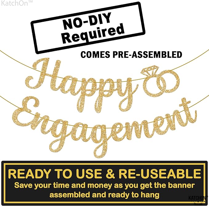 KatchOn, Gold Glitter Happy Engagement Banner - 10 Feet, No DIY | Engagement Party Decorations | Party Banner | Engaged Banner, Bachelorette Party Decorations