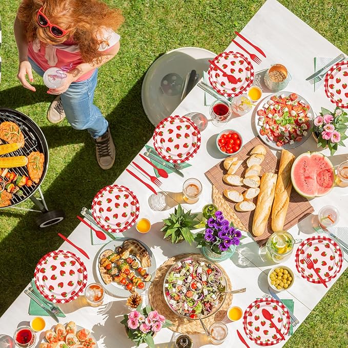 175Pcs Strawberry Gingham Party Supplies Kit Red Pink Plaid Tableware Set Disposable Dinnerware Paper Napkin Plate Cup Spoon Fork Knife for 25 Guest Party Favor