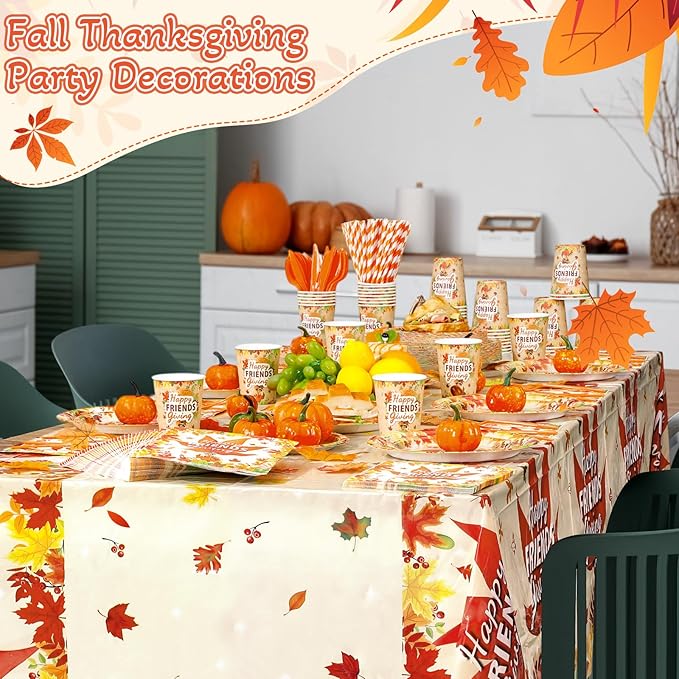 452 Pcs Happy Friendsgiving Party Decoration for 50, Fall Maple Leaf Friends Giving Paper Plates Napkins Cups Tablecloth Cutlery Straws for Autumn Friendsgiving Thanksgiving Party Supplies