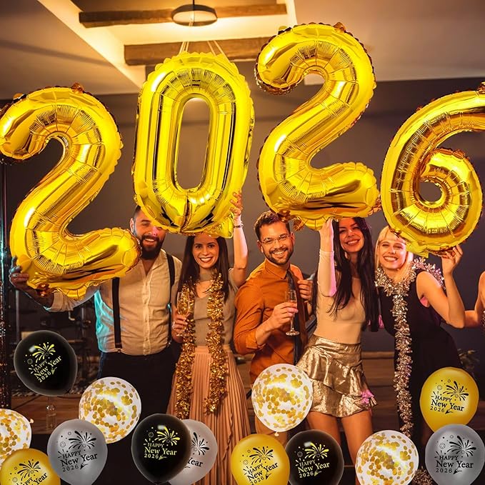Happy New Year Party Decorations Supplies 2026- Hats, Banner, Glasses, Foil Balloon and Fringe Curtains, New Years Eve Black and Gold Party Decorations