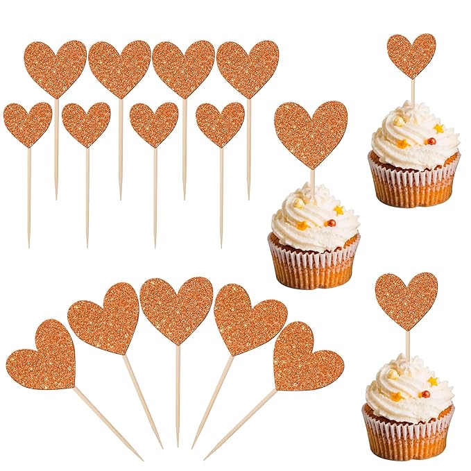 30 PCS Love Heart Cupcake Toppers Glitter Bridal Shower Sweet Love Cupcake Picks for Wedding Engagement Valentine's Day Baby Shower Birthday Party Cake Decorations Supplies Orange