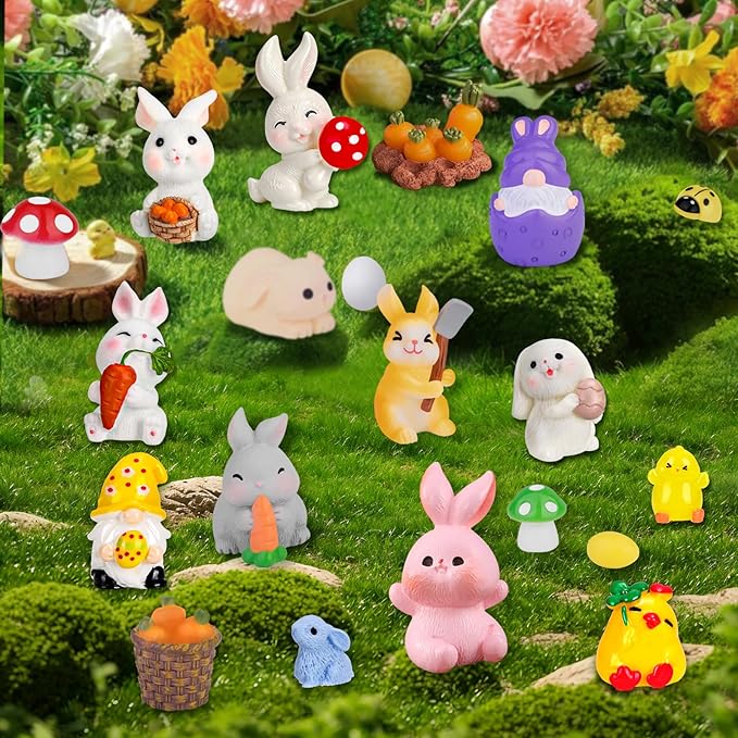 50 Pcs Easter Mini Resin Figurines Miniature Farm Animals Small Bunny Chick Tiny Little Gnome Figurine for Dollhouse Easter Village Egg Fillers Fairy Garden Decor Party Favors