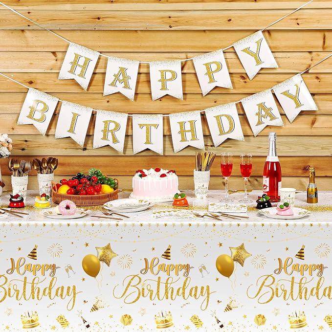 Vesici 171 Pcs Happy Birthday Party Supplies 24 Set Disposable Party Tableware include Plates Cups Napkins Cutlery and Banner Tablecloth Birthday Dinner Decorations for Men Woman(White, Gold)