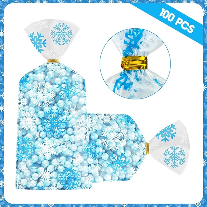 100 Pcs Winter Snowflake Treat Bags - Christmas Gift Bags, Blue White Plastic Snowflakes Cello Candy Goodie Cookie Snack Cellophane Bag with Twist Ties for Xmas Holiday Winter Wonderland Party Favors