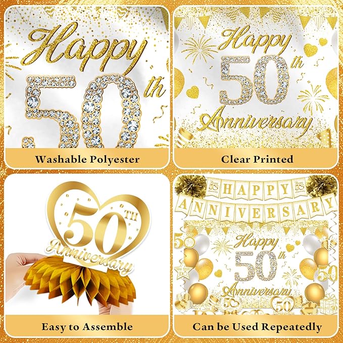 50th Anniversary Decorations, 50th Wedding Anniversary Party Supplies – White Gold Backdrop, Banner, Centerpieces, Hanging Swirls, Pom Poms for 50 Year Celebration (White Gold)