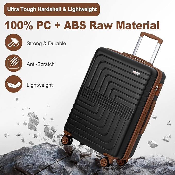 Romswi 3-Piece Expandable Luggage Set 20/24/28 Inch, Spinner Hardshell Lightweight Suitcases with TSA Lock, YKK, Checked & Carry On Luggage Set, Black