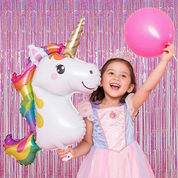 Pink Foil Fringe Curtains Party Decorations, 3.28x6.56ft Sparkling Streamer Tinsel Backdrop for Girls/Princess Birthday Party