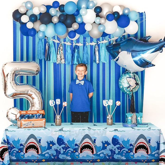 Shark Theme Tablecloths Plastic Disposable Birthday Table Cloth Rectangle Tablecovers Decorations Blue Boys Party Supplies 54x108 Inch