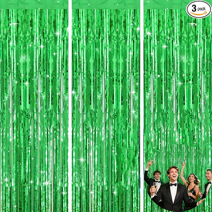 jijAcraft 3 Pack Metallic Green Tinsel Foil Fringe Curtain, Jungle Party Decorations, Emerald Green Party Photo Backdrop for St Patrick's Day Dinosaur Party Graduation Christmas Garden Party Decor