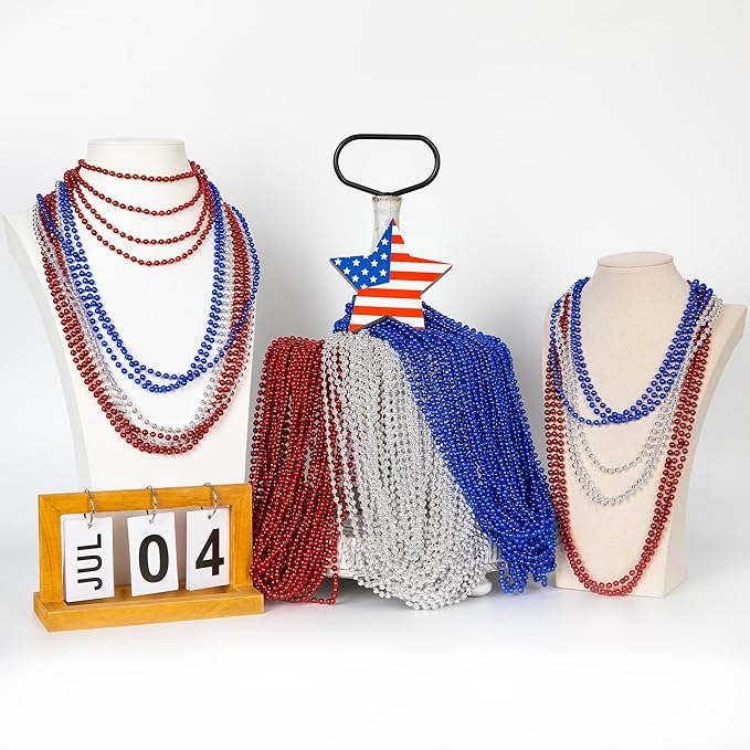 4th of July Necklace Party Favors, 50PCS 4th of July Round Beads Necklace Bulk, Red Blue Silver Necklace, Independence Day Beads Bulk for Patriotic Parade Party Celebration Favor Decor