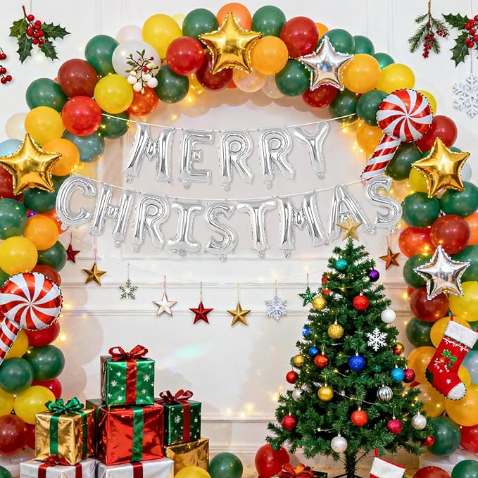 Silver Merry Christmas Letter Balloons Banner, Merry Christmas Foil Xmas Balloon for Xmas Party Decorations (Silver)