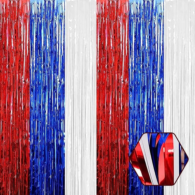 3 Pack White Blue Red Foil Fringe Curtain Backdrop, 3.28Ft x 8.2Ft Metallic Tinsel Foil Fringe Streamer Curtains for Photo Booth, Mother's Day, Easter, Birthday, Wedding Party Decorations