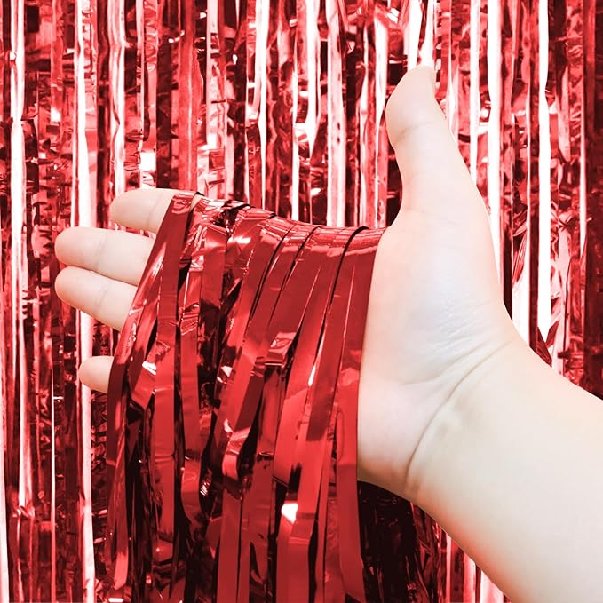 Homiest 3 Pack Red Tinsel Backdrop, 3.3x6.6 FT Metallic Tinsel Foil Fringe Curtains Party Decorations, Birthday Door Streamers for Baby Shower Wedding, Photo Booth Props Background Wall Decor