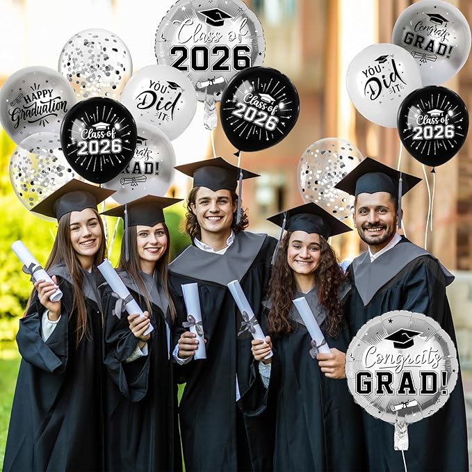 Black and Silver Graduation Balloons Graduation Decorations 2026, 51Pcs Grad Latex Balloons and Grad Foil Balloon with Confetti Ribbons Grad Party Decorations for College High School