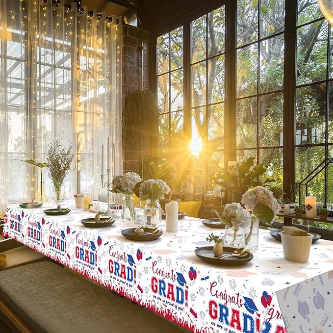 3 Pack Graduation Tablecloth Party Decorations, Class of 2026 Congrats Grad Plastic Tablecover Party Supplies, Blue and Red Rectangle Graduation Table Decor for College High School Party, 54x108Inch