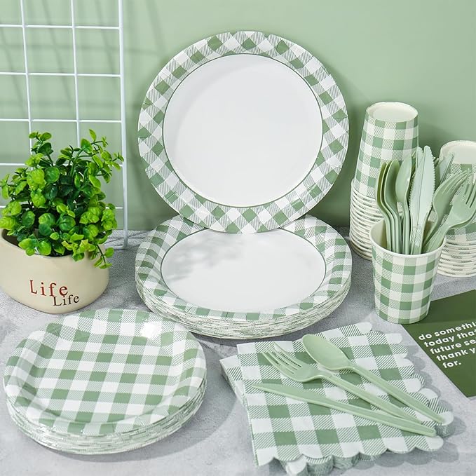 175Pcs Sage Green Gingham Party Supplies Kit Buffalo Plaid Tableware Set Disposable Dinnerware Paper Napkin Plate Cup Spoon Fork Knife for 25 Guest Party Favor