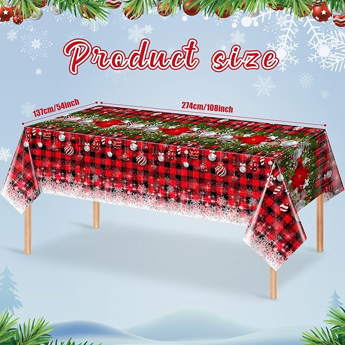 6Pcs Christmas Buffalo Plaid Snowflake Tablecloths,Plastic Red and Black Checkered Rectangle Christmas Tree Color Ball Table Cover for Winter Xmas New Year Holiday Party Decorations,54x108 inch