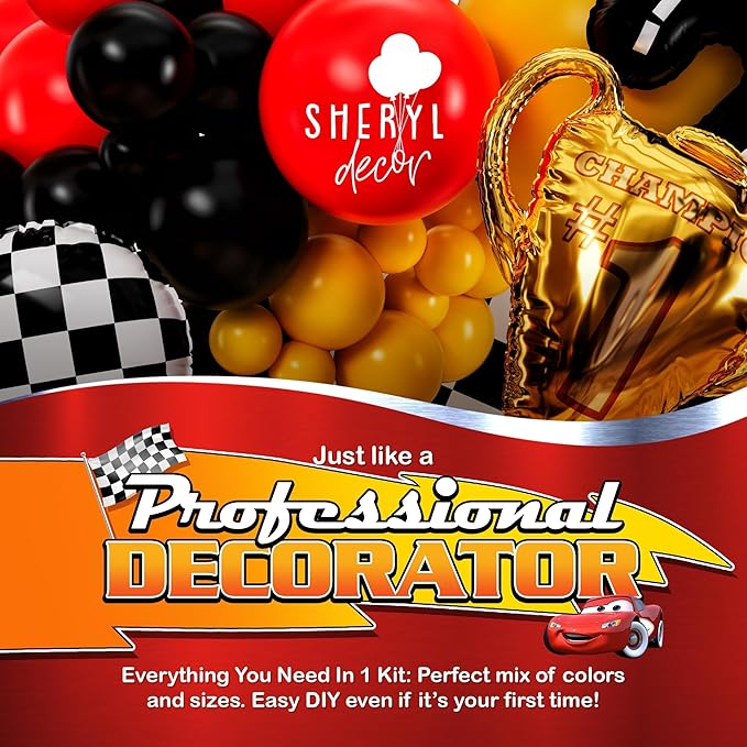 ALL-IN-1 Race Car Balloon Arch Kit & Garland with BONUS Trophy & Number 2 - Race Cars Balloons for Lightning McQueen Race Car Birthday Party Supplies & Boy Cars Theme Birthday Party Decorations