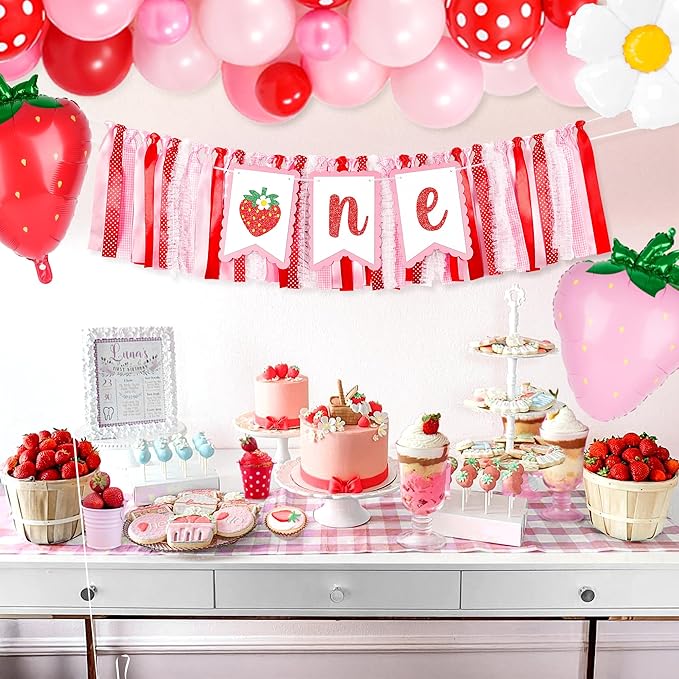Berry First Birthday High Chair Banner One High Chair Banner Girl Photo Backdrop First Birthday Decorations for Girl Wall Hanging Decorations for Kids Bedroom, Red/Pink