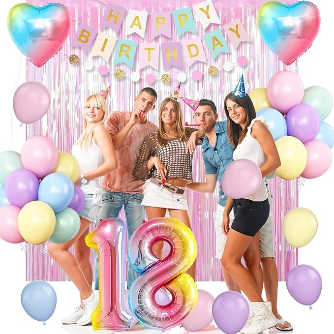18th Birthday Decorations Rainbow,Gradient Number 18 Balloon,Pastel Happy Birthday Banner Fringe Curtain Heart Foil Balloons Boys Girls 18 Year Old Decor