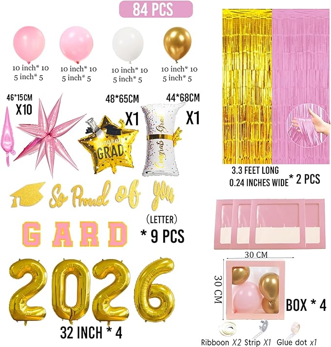Pink and gold Graduation Decorations 2026 Set of 4 GRAD Balloon Boxes with Balloon Arch Garland Kit mylar balloons shimmer Fringe Curtain So Proud of You 2026 prom Graduation Decorations