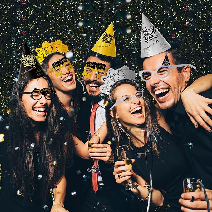 New Years Eve Party Supplies 2026-73 PCS Happy New Years Decorations-Party Favors Includes Hats, Banner, Glasses, Tiaras, Squawkers Blowers, Balloons, Fringe Curtain Accessories Nye Decorations 2026