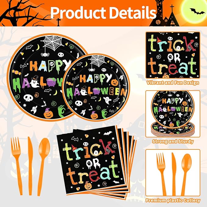 175 Pcs Halloween Tableware Party Supplies Set - Serves 25, Spooky Happy Halloween Disposable Dinnerware, Includes Plates, Cups, Napkins, Forks, Spoons, Knives for Trick or Treat Favors