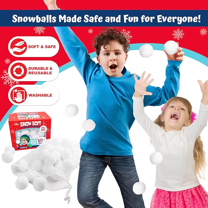 50 Pack Fun Fake Snowball for Kids 2 Inches - Artificial Snowballs Bulk for Indoor and Outdoor - Snow Ball for Decorations, Winter Toy Games Fights - Fun Christmas Party Activities