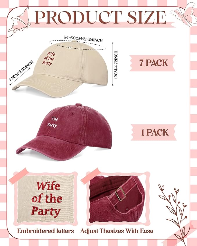 8 Pack Adjustable Bachelorette Hat, 1 Wife of The Party Cap and 7 The Party Cap for Bridesmaid Bride Wedding Gift