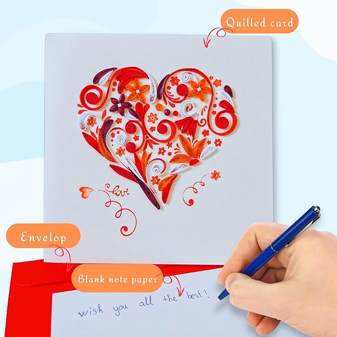Quilling Cards, handmade card, quilled cards with Handmade Art for all occasions: quilling birthday card for women, Birthday card, mother... colorful heart design (Red heart)