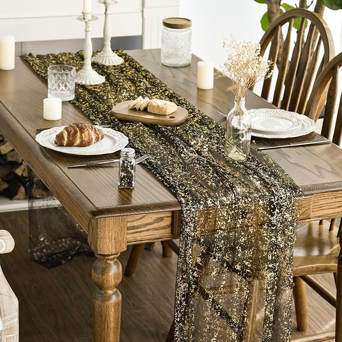 Artoid Mode Black Gold Gauze Table Runner 120 Inch 10Pcs, Glitter Metallic Foil Sheer Dining Wedding Anniversary Holiday Birthday Table Decor for Home Party