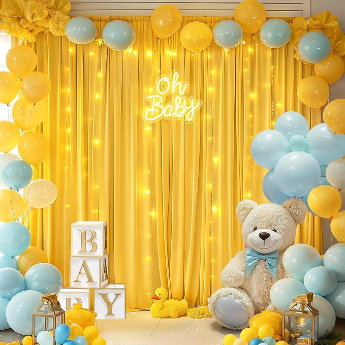20x10FT Yellow Backdrop Curtains with Lights for Parties,Wrinkle Free Wedding Photo Backdrop Curtains for Baby Shower Birthday Ceremony Reception Home Party Decorations-5ft x 10ft,4 Panels