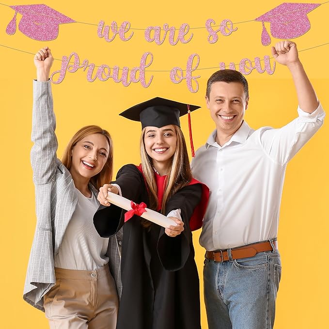 Graduation Decor - 9 ft Pink Pre-Strung We Are So Proud of You Banner, Graduation Party Decorations & Decor for Elementary, 5th Grade, 8th Grade, High School, College, Congrats Grad Sign