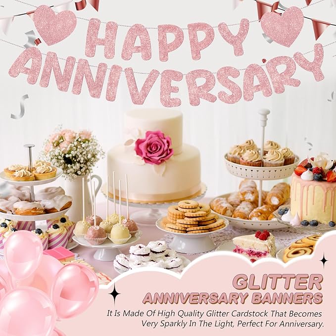 Fulmoon Happy Anniversary Banner Glitter Happy Anniversary Decorations Wedding Party Banner Romantic Decorations No DIY Pre-strung for Wedding Party Birthday Door(Rose Gold)