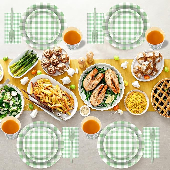 Green Gingham Disposable Party Tableware Set for 30 Guests – 9 & 7 Inch Paper Plates, Cups, Napkins and Forks, Green Checkered Paper Dinnerware for Birthday, Picnic, Baby Shower, Outdoor Gatherings