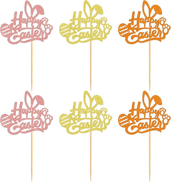 Ercadio 24Pcs Gold Pink Orange Happy Easter Cupcake Toppers Glitter Happy Easter Bunny Ears Cupcake Picks for Easter Day Baby Shower Easter Birthday Wedding Anniversary Party Decor Supplies