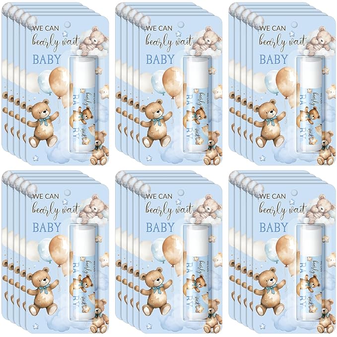 30 Pack Blue Bear Baby Shower Games Prizes Gifts Bulk Bear Lip Balms Favors for Winners Boys Girls Gender Reveal Favors Decorations Winter New Year Baby Shower Souvenirs Gift Bags Stuffer