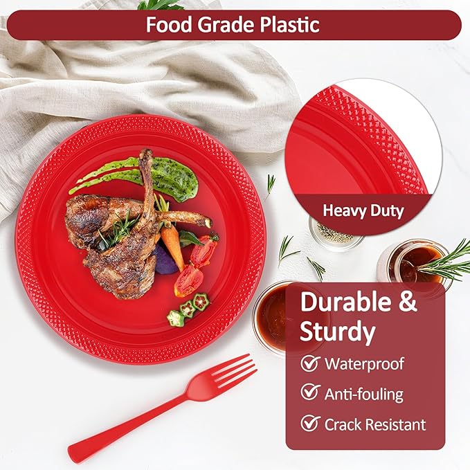 Red Plastic Plates for Party, Disposable Red 9'' Dinner Party Plate Cups Napkins Set for 50 Guests, Party Supplies Dinnerware for Christmas, Birthday,Wedding, BBQ