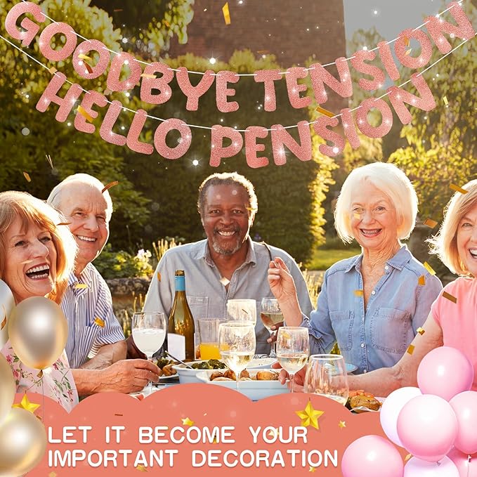 Retirement Banner Pre-Strung GOODBYE TENSION HELLO PENSION Banner Glitter Retirement Party Supplies Decorations for Women Men Office Home Decor (Rose Gold)