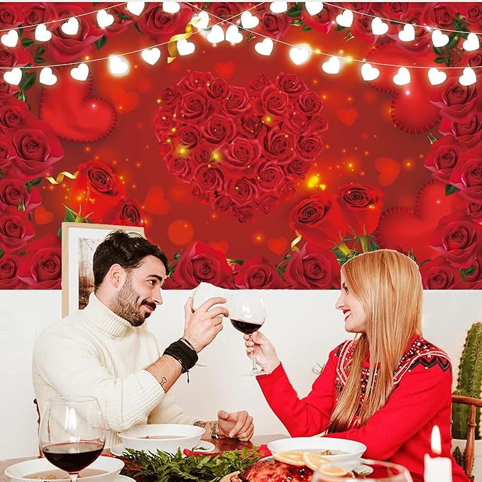 Red Rose Flowers Backdrop Floral Heart Light Photography Background Hanging Banner Decoration for Wedding Anniversary Mother's Birthday Party Supplies 72.8 * 43.3in